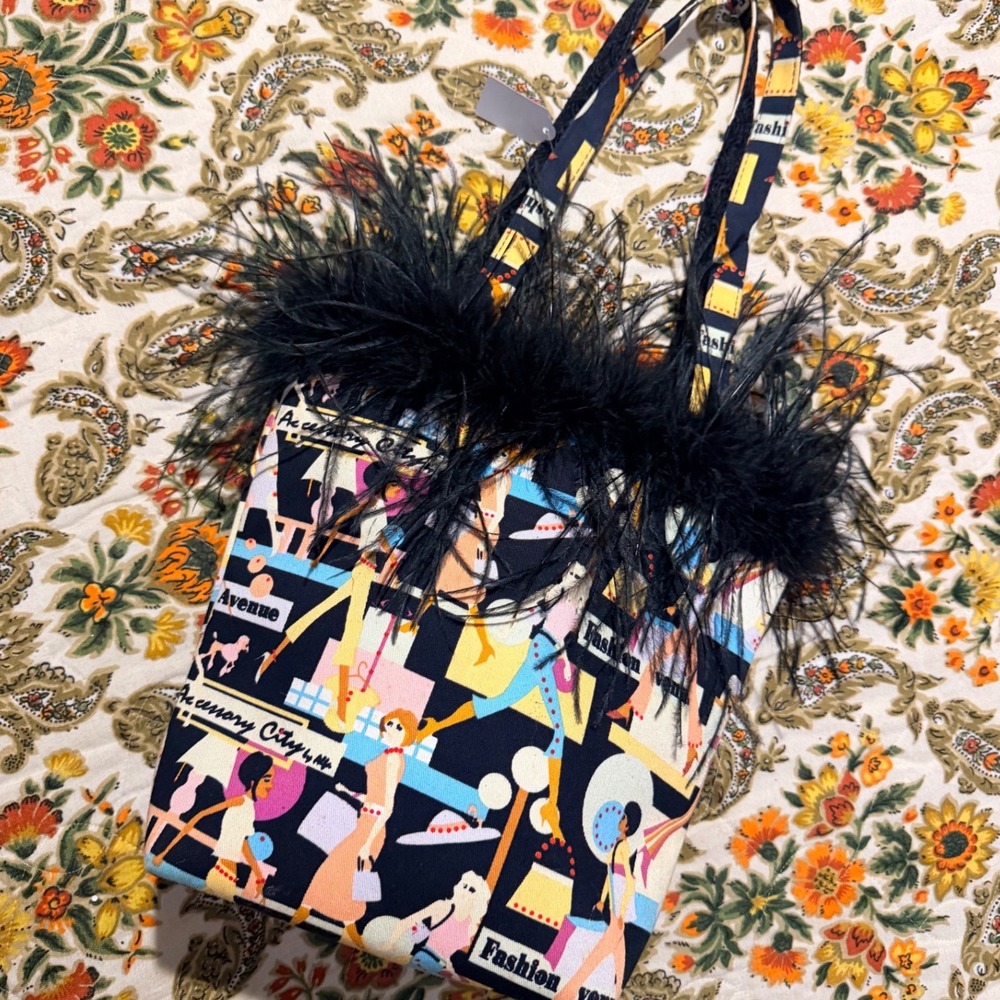 Vintage Y2K funky tote purse with cute girls print and marabou trim